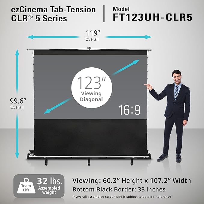 Elite Screens ezCinema Tab-Tension CLR 5, 123-inch Portable Floor-Rising UST Projector Screen, 16:9 ALR Ceiling Light Rejecting Tab-Tension Scissor-Backed Manual Pull-Up+Carry Bag, Black- FT123UH-CLR5