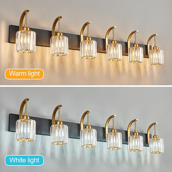 FDPBY 6-Light Crystal Vanity Light, Black Gold Modern Wall Sconce with K9 Crystal Shades, 51.18" Long Over Mirror Lighting for Bathroom, Makeup, Hallway, Elegant & Easy Install