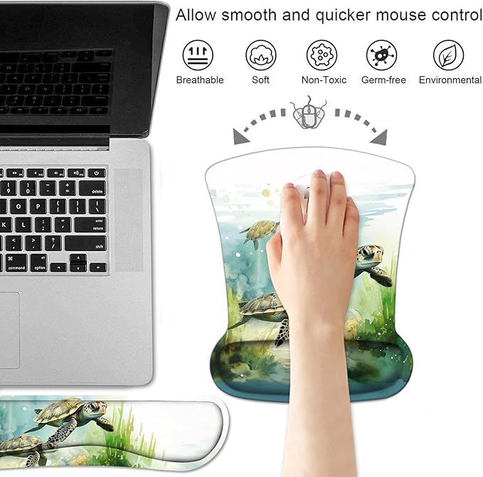 Keyboard Wrist Rest and Mouse Pad Wrist Support Set with Coasters, Non-Slip PU Base Ergonomic Gaming Mousepad for Home Office Working Studying Easy Typing & Pain Relief, Sea Turtle