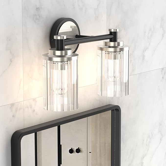 PHIXART Bathroom Lighting Fixtures Black and Brushed Nickel Bathroom Vanity Light with Cylindrical Clear Stripes Glass Lampshade E26 Socket Base Bathroom Lighting Fixtures Over Mirror (2 Lights)