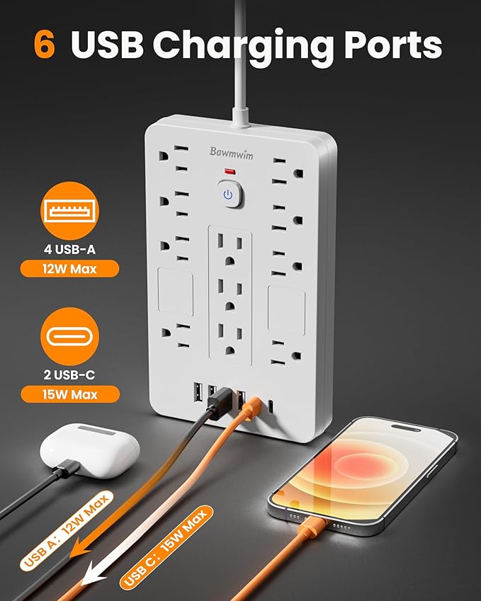 Bawmwim Surge Protector Power Strip - 11 Outlets(1850W/15A) with 6 USB Ports(2 USB C), 10FT Flat Plug Extension Cord, Wall Mount, White, ETL Listed for Home, Dorm Room