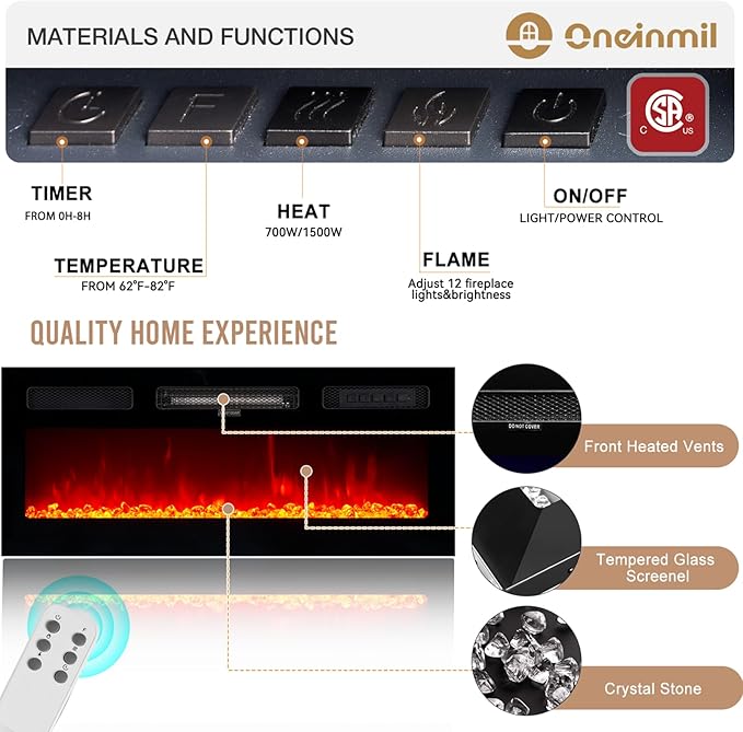 oneinmil Fireplace TV Stand with 36” Electric Fireplace, 80” 2 Tier TV Console Stand for TVs Up to 90", LED Light Entertainment Center, Fireplace for The Living Room TV Stand, Gray