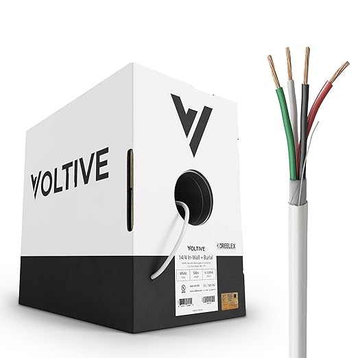 Voltive 14/4 Speaker Wire, in-Wall CL3 & Direct Burial, White, 500ft - 14AWG, 4 Conductors, Stranded Oxygen-Free Copper, UL Listed - V-1209-6