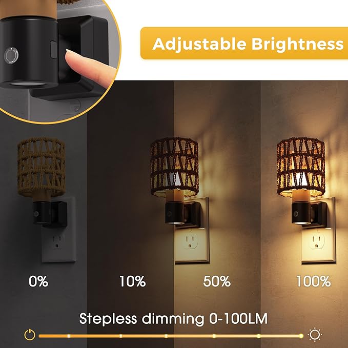 L LOHAS LED Night Lights Plug into Wall, Cylindrical Ironwork Boho Lampshade Decor Night Light, 350° Rotatable Dusk to Dawn Sensor Vintage Nightlight, Dimmable for Bedroom Living Room Hallway