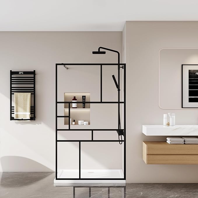 Goodyo 46 in. W x 72 in. H Bathroom Shower Glass Door Framed Tempered Clear Glass Shower Screen Panel for Walk-in Bathroom, Multiple Grid Pattern, 3-Pieces Glass, Matte Black