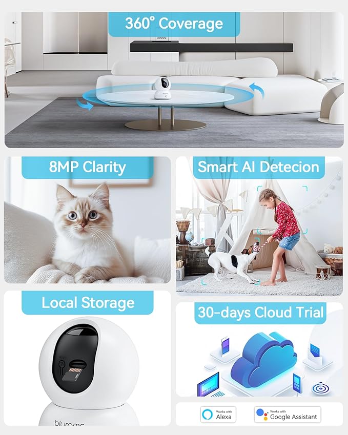 blurams Cameras for Home Security, 2K Pet Camera with Phone App, 360° PTZ Indoor Cameras, 2-Way Talk, Motion Tracking, Color/IR Night Vision, Compatible with Alexa, 8MP, Wi-Fi 6
