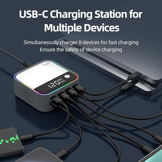 8-Port USB C Charging Station 120W, GaN Fast Charger Block with RGB Ambient Light, Simultaneously Charge Laptop, Phone, Tablet, Headphones for Desk, Gaming, Multiple Device