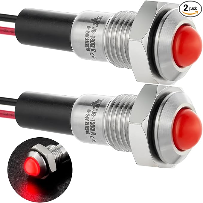 ZGSZJHF 2Pcs 8mm 0.31" Mini Indicator Light 12V-24V Red LED Waterproof IP67 Domed High Head Stainless Steel Signal Lamp Pilot Light with Wire,for Dash Directional Car Truck Boat