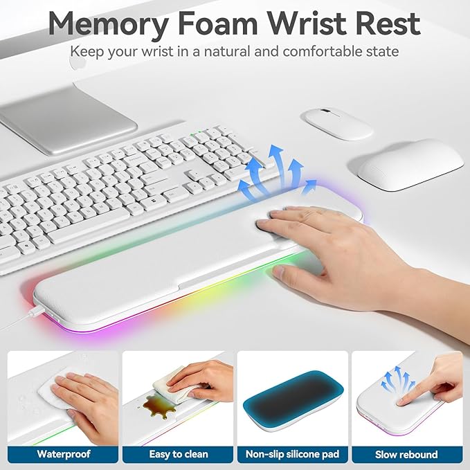 KONDOUND 2-in-1 Heated Wrist Rest Set, Ergonomic Memory Wrist Pad with RGB Lights and Non-Slip Base, Keyboard Mouse Wrist Rest for Computer Laptop Office Work and PC Gaming