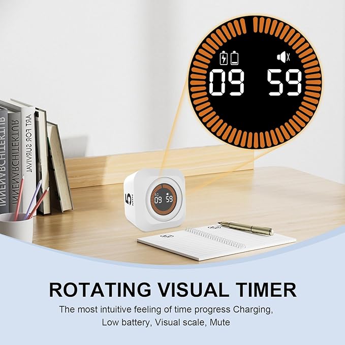 Rotating Cube Pomodoro Timer 5, 25, 10, 50 Min Preset + Custom Countdown, Desk Productivity Flip Visual Timer w/Silicone Case, Silent Mode, Ideal for ADHD Tool Study Work School (White)