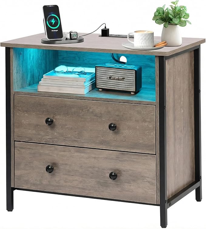 Tykacna 27 Inch Wide Night Stand, Large Wood Night Stand with 2 Drawers, LED Nightstand with Charging Station and Adjustable Drawer, Bedside Table for Living Room/Bedroom/Study/Office, Gray.