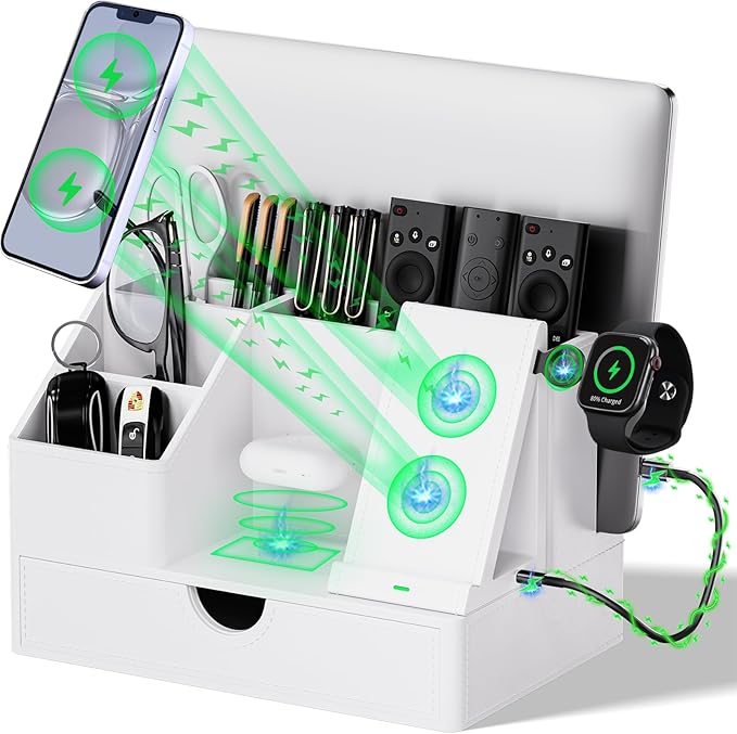 Sleek White PU Leather Charging Station with Drawer - 6-in-1 Multi-Device Desktop Organizer Docking Hub for iPad, Tablet, Laptop, Phone, Watch, Office Home Gift Idea