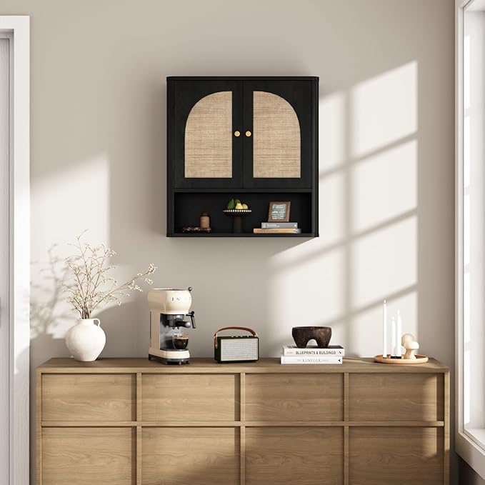 RUSTOWN Rattan Bathroom Wall Cabinet, Over The Toilet Storage Cabinets with 2 Arched Doors, Modern Medicine Cabinet with Adjustable Shelf & Rounded Edges, Mid-Century Bathroom Organization