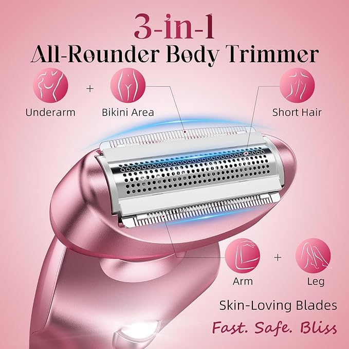 rategist Cordless Electric Razors for Women: Rechargeable Painless Bikini Trimmer for Body Hair - IPX7 Waterproof Shaver with LED Display for Face/Underarm/Leg Light Pink