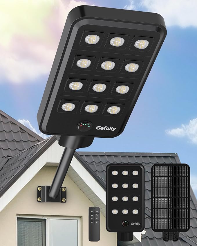 Gefolly G-13000W Solar Street Light Outdoor, Wide Angle Commercial Parking Lot Light Dusk to Dawn 6500K IP67 Flood Security with Motion Sensor Lamp for Yard, Basketball Court