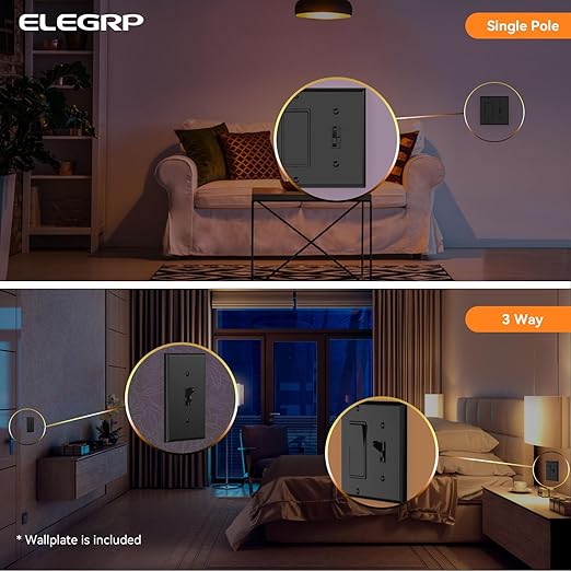 ELEGRP Digital Toggle Dimmer Switch for Dimmable LED, CFL and Incandescent Light Bulbs, Single Pole or 3-Way Toggle LED Dimmer Light Switch, Wall Plate Included, UL Listed, 10 Pack, Black