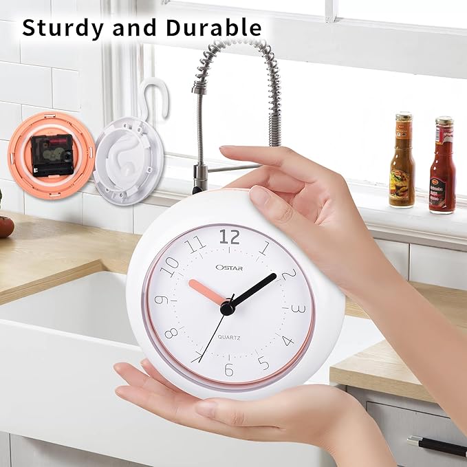 OSTAR Waterproof Bathroom Shower Clock, Analog Quartz Clock Hanging Stand Dual Purpose, One AA Battery Operated 4.72 inch Round Size