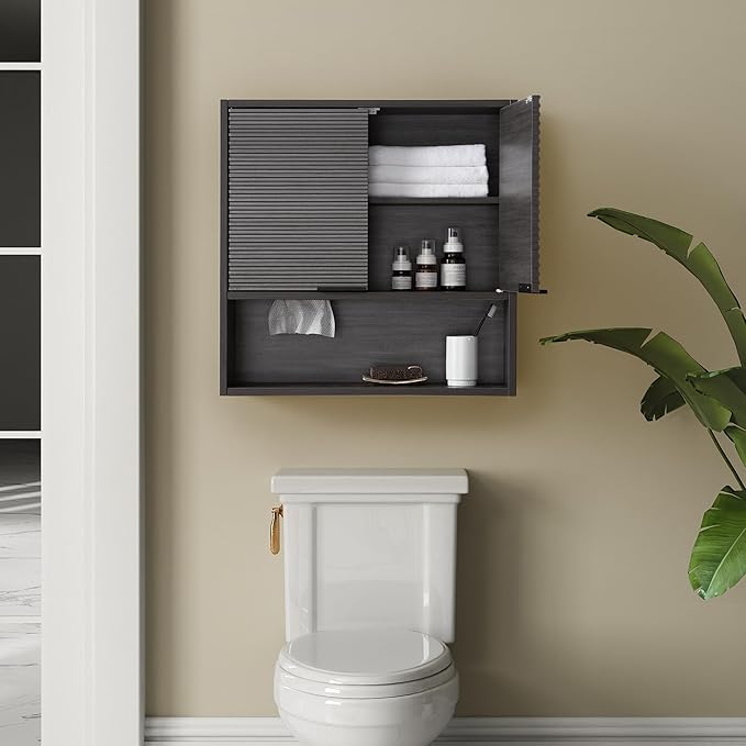 Wall Mounted Bathroom Cabinet with Motion Sensor LED Light & Tissue Dispenser, Modern Black Medicine Cabinet Over Toilet with Fluted Door, Adjustable Shelf for Skincare & Makeup Storage