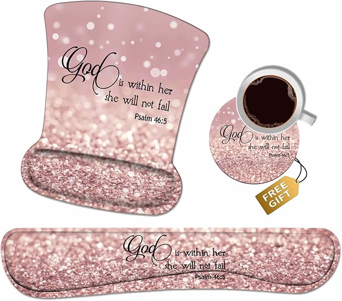 Ergonomic Mouse Pad Wrist Support and Keyboard Wrist Rest Set with Coasters, Non-Slip PU Base, Easy Typing and Relieve Wrist Pain, Perfect for Home Office Working Studying, Bible Verse Psalm 46:5