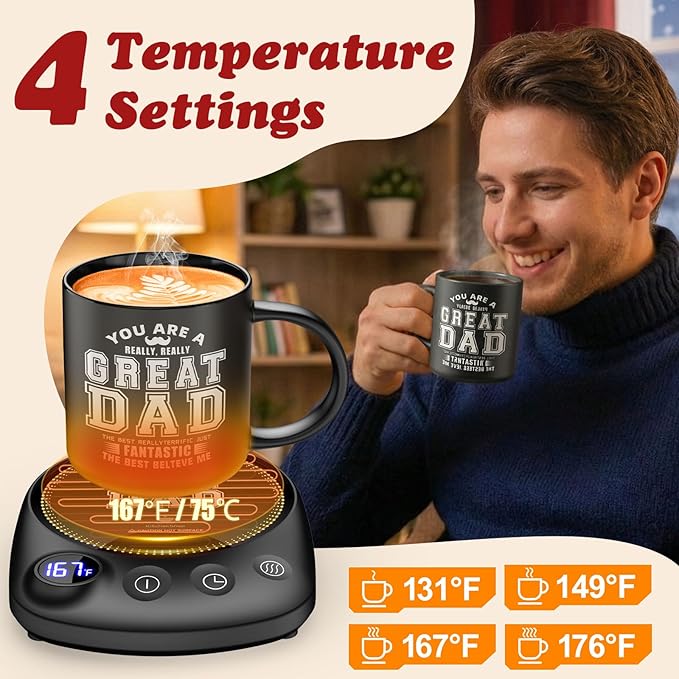 Coffee Mug Warmer - Fastest Heating & Highest Temperature, Coffee Cup Warmer for Desk Auto Shut Off, 4 Temp Settings & 1-12H Timer, Smart Electric Beverage Warme (Cup Warmer Set for dad)