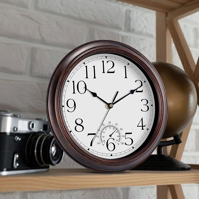 KECYET 10 Inch Outdoor Wall Clock with Thermometers, Vintage Silent Wall Clocks Battery Operated, Retro Non-Ticking Clock Decorative for Living Room, Patio, Kitchen, Office, Bathroom, Bedroom(Bronze)