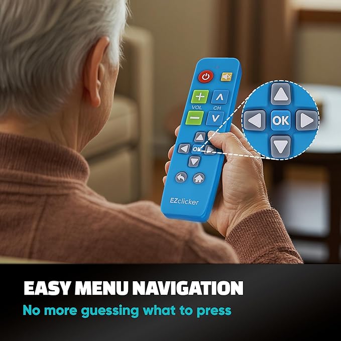 EZclicker Plus Big Button Universal TV Remote (Blue) Simple Easy to Use, Works with Major TV Brands (2xAAA Batteries Not Included)