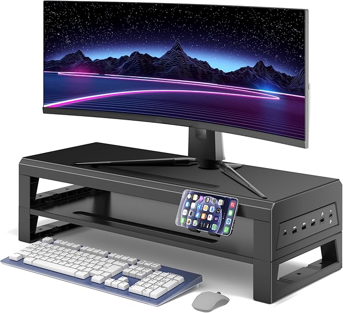 GECKOSTROLL 2-Tier Metal Computer Monitor Stand & Laptop Desk Shelf, 21.6 Inches, 22W Charging, 2 USB 3.0, 1 USB 2.0, Heavy Duty, Black, Metal