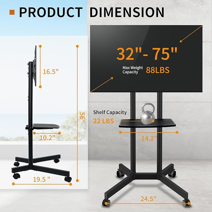 Solid Grace Rolling TV Stand with Wheels for 32-75 Inch TVs up to 88lbs, Portable TV Stand with Shelf, Mobile TV Cart for Living Room, Office, Meeting Room, Outdoor（MT2007 Upgrade Version）