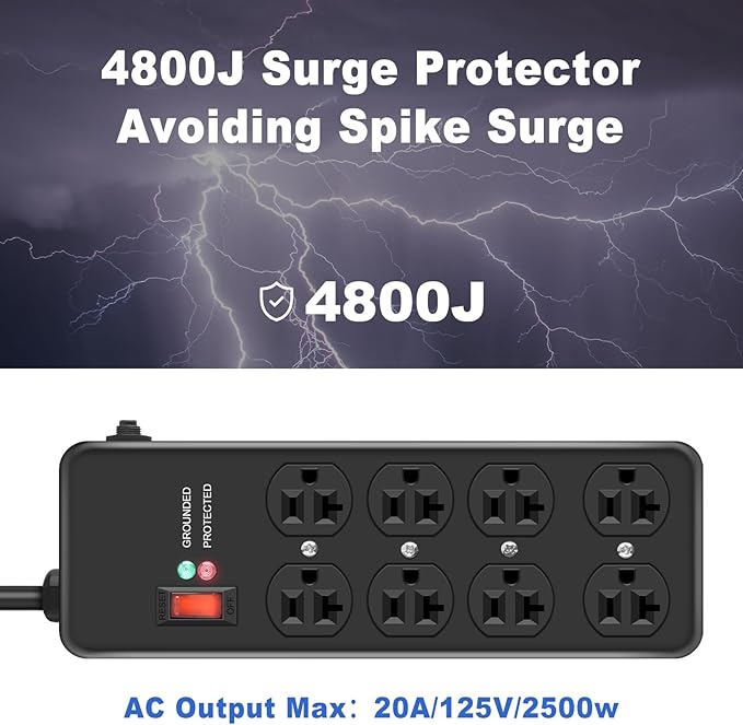 Heavy Duty Surge Protector 20Amp,Metal Power Strip with 8 Outlets,Wall Mount Surge Protector 4800J,12 Gauge 10FT Extension Cord 5-15P Adapter Workshop & Industrial Use with 6-20R T-Slot Outlets