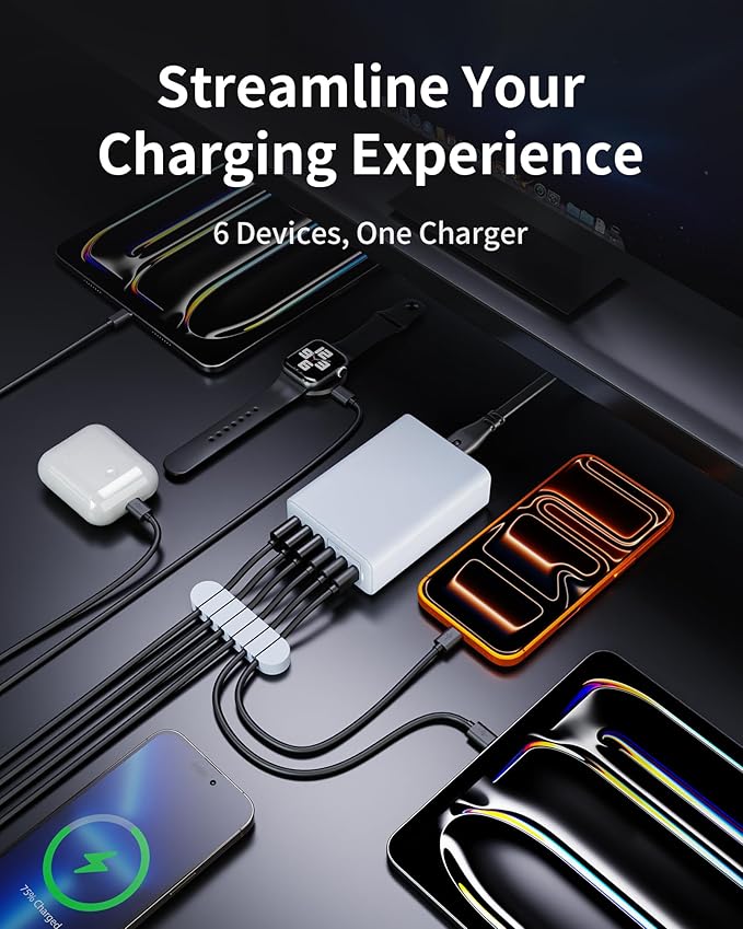 USB C Fast Charger, 105W GaN 6-Port Desktop USB Charging Station Hub, USB C Charger Block Wall Charger for iPhone 17/16/15/14/13/12/11, iPad, Samsung and More (Cable Organizer Included)