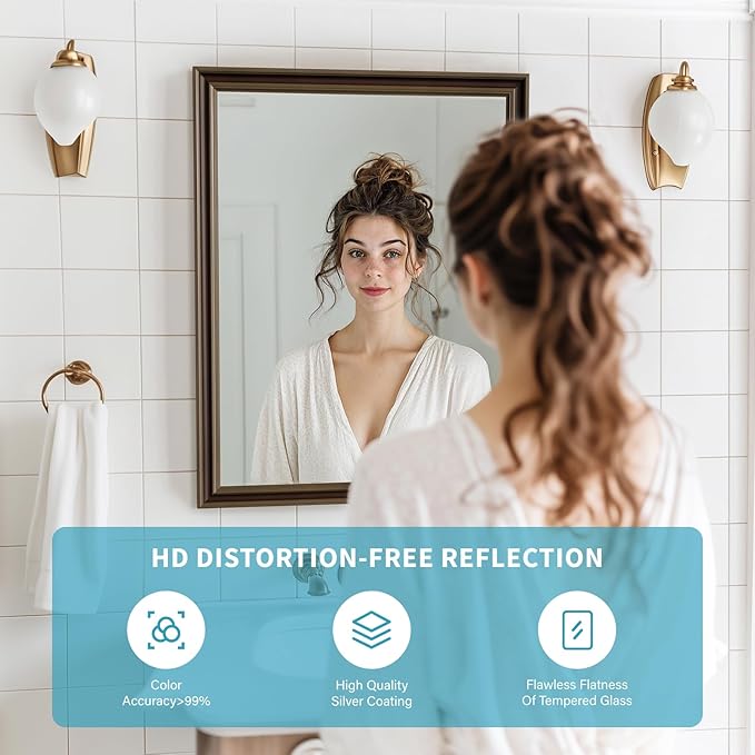 Retro Copper Effect Framed Wall Mirror, 24x32 Rectangle Mirror, Anti-desilvering Tempered Glass, Sustainable&Sturdy Frame, Anti-Rust, HD Reflection &3min Fast Setup for Bathroom Living Room