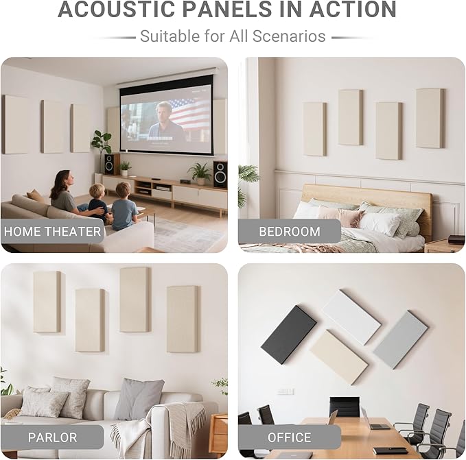 4 Pack High-Density Core with Fabric Cover Acoustic Panels – 24×12×2 In Self-Adhesive Soundproofing and Sound-Absorbing Wall Panels for Echo Reduction in Studio, Theater, or Recording (Cocoa Beige)