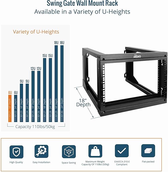 Tecmojo 6U Wall Mount Server Rack, Open Frame Network Rack for 19" Computer/AV/Data/IT/Media Equipment, 18" Depth, 16" Apart Mounting Holes, Swing Gate, Square and Tapped Holes