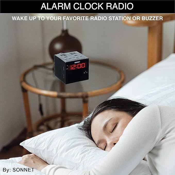 Sonnet Alarm Clock Charging Station, AM FM Radio, Dual USB Charging Ports, Dual AC Outlets, Very Loud Alarm Clock for Heavy Sleepers and The Hearing Impaired for Desk, Bedroom