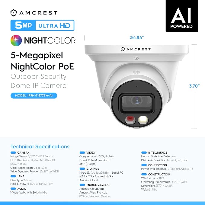 Amcrest 5MP AI Turret IP PoE Camera w/ 49ft Nightvision, Security IP Camera - Image 8