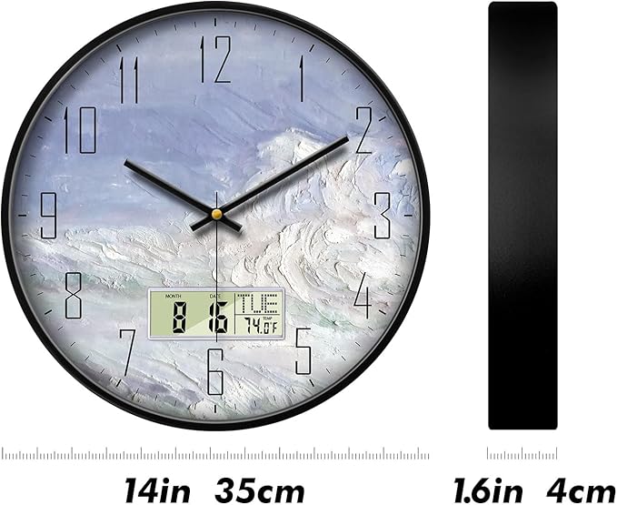 SCOAGE Digital Wall Clock Battery Operated with Day and Date Temperature Blue White Wave Calendar Clock with Large Display Silent for Room Bathroom Bedroom Living Room Farmhouse Decor 14 Inch