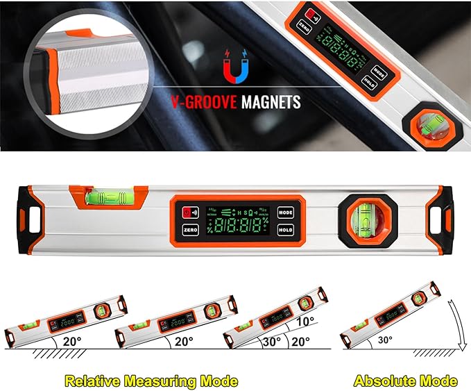 eOUTIL 15.7-Inch Digital Torpedo Level & Angle Finder – IP54 Waterproof Inclinometer with Backlit LCD, V-Groove Magnetic Base, 0.1° Accuracy – for Construction, Woodworking, Metalworking（Orange)