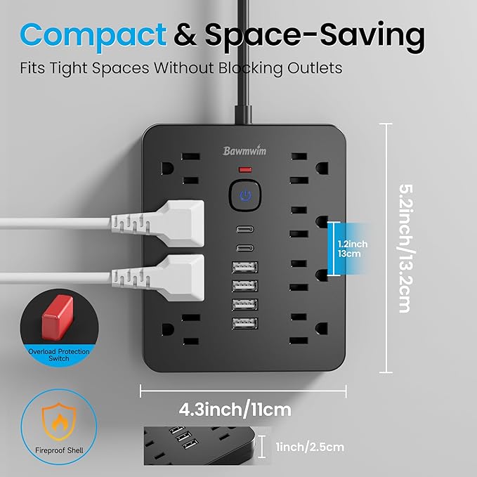 Bawmwim Surge Protector Power Strip, 8 Outlets(1250W/10A), 6 USB Charging Ports(2 USB C), 6FT Flat Plug Extension Cord Outlet Extender with Overload Protection, ETL Certified for Office, Dorm Room