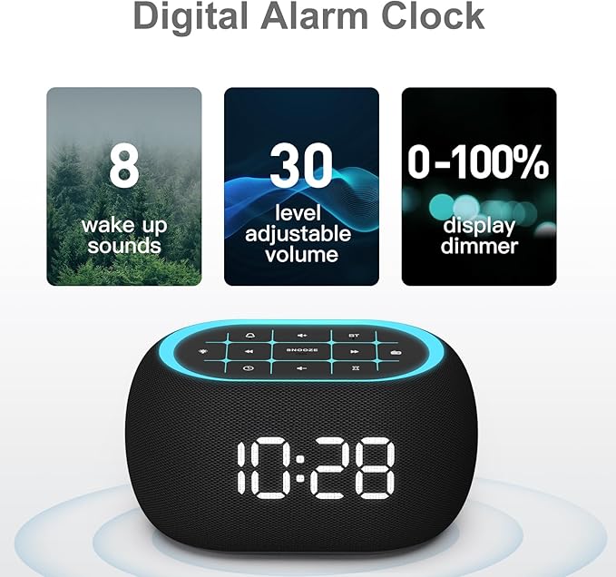 ANJANK Alarm Clock FM Radio with Bluetooth Speaker, Hi-Fi Stereo Sound, 7 Clolors Night Light, 0-100% Dimmer,8 Wake Up Sounds,16-Level Volume, Small Digital Clock with Sleep Timer for Bedroom Bedside