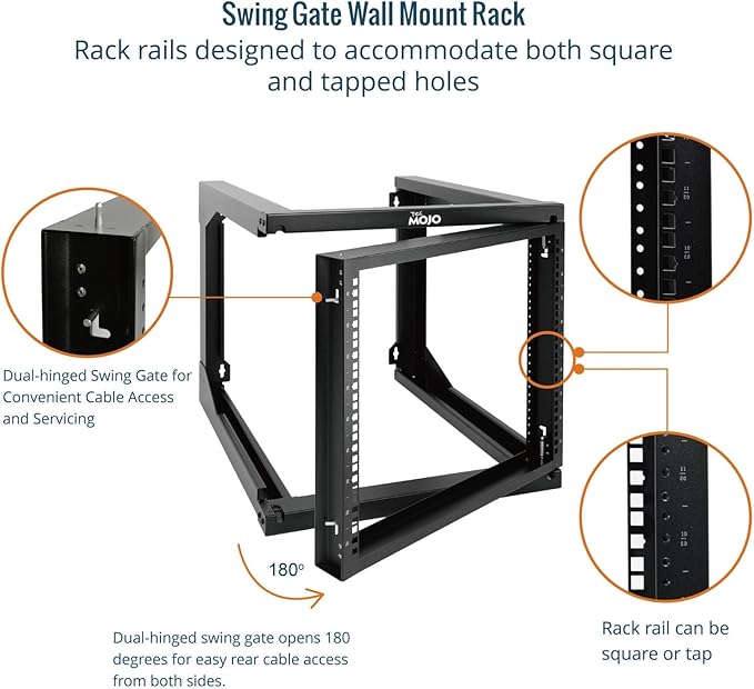 Tecmojo 9U Rack Wall Mount with Swing Gate, 9U Server Rack for 19inch Computer/AV/Data/IT/Media Equipment, Open Frame Server Rack with 24inch Depth, Square&Tapped Holes
