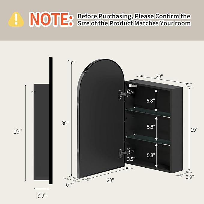 Bathroom Mirror with Storage,Arched Medicine Cabinet with Mirror,Medicine Cabinet Wall Mount,Black Bathroom Vanity Mirror with Storage,Adjustable Shelves,20x30 Inch