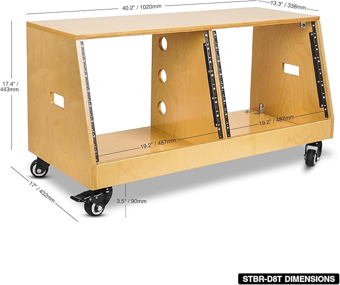 Sound Town DIY 2 x 8U Slanted Studio Rack with Solid Baltic Birch Plywood, Casters, Golden Oak for Recording Room, Home Studio (SDRK-D8T)