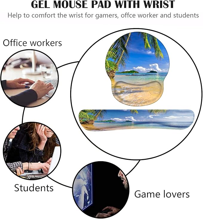 Keyboard Wrist Rest and Mouse Pad Wrist Support Set with Coasters, Non-Slip PU Base Ergonomic Gaming Mousepad for Home Office Working Studying Easy Typing & Pain Relief, Shore Palms Tropical Beach