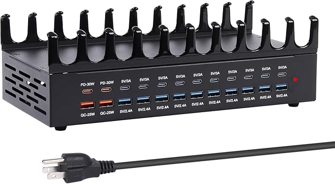 380W Charging Station for Multiple Devices - 24 Ports USB Fast Charging Station with 30W Power Delivery, Multi Charger Dock for Phone Tablet, Home, Office, School