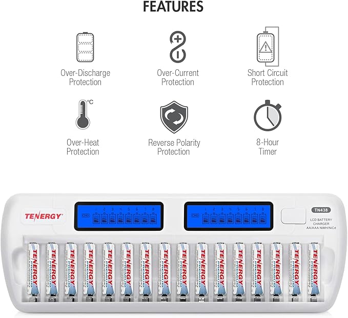 Tenergy TN438 16-Slot Smart Battery Charger for AA/AAA NiMH/NiCd LCD Display + 16 Premium AAA Rechargeable Batteries