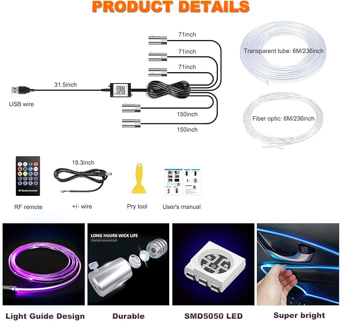 Jushope Interior Car LED Strip Lights with Wireless APP and Remote Control, RGB 5 in 1 Ambient Lighting Kits with 236 inches Fiber Optic, 16 Million Colors Car Neon Lights, Sync to Music