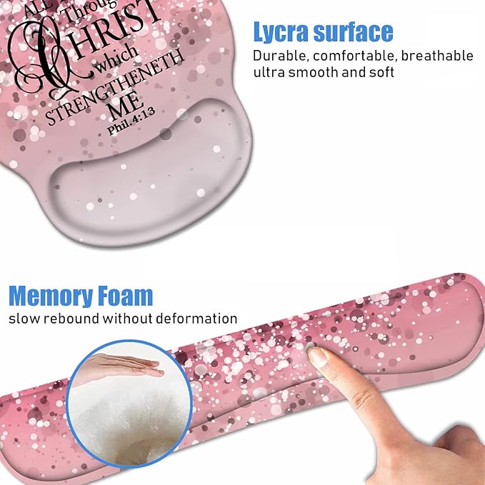 Keyboard Wrist Rest + Mouse Pad Wrist Support Set with Coasters, Non-Slip PU Base Ergonomic Mousepad for Home Office Working Studying Easy Typing & Pain Relief, Pink Background Bible Verse Phil 4-13