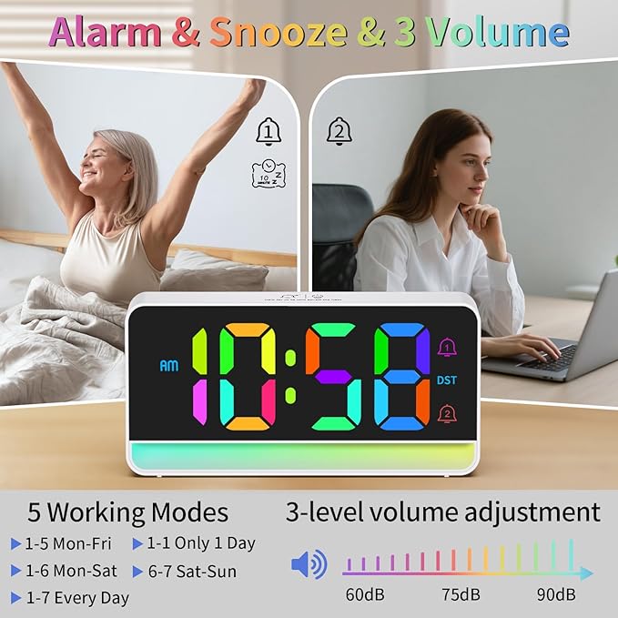 Alarm Clocks for Bedrooms, Digital Bedside Clock with RGB Night Light, Adjustable Volume for Heavy Sleepers, USB Charger, Large Display, Modern Decor for Desk, Dimmable Alarm Clock for Kids(Colorful)