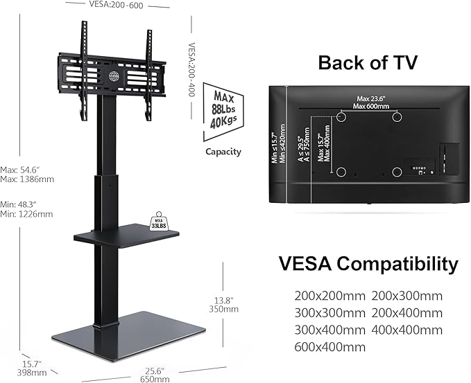 FITUEYES Swivel Floor TV Stand with Mount for TVs 37 43 50 55 60 65 70 75 Inch LCD LED Flat/Curved Screens Universal Swivel Televisions TV Mount Stand for Bedroom Living Room Black Tempered Glass Base