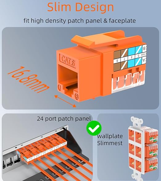 Rapink RJ45 Keystone Jack Cat6 10G Support, Keystone Jacks UTP 25 Pack for Wall Plate and Patch Panel, Rj45 Keystone 90 Degree Orange Color for Cat6, Cat5e, Cat5 Cabling